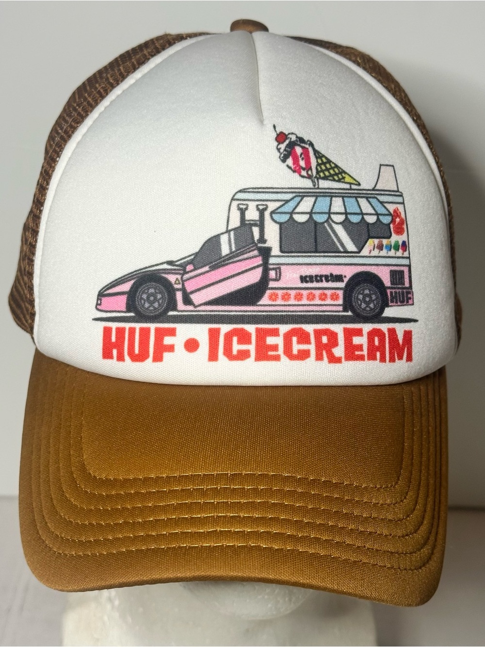 HUF x Ice Cream Collab Graphic Trucker Hat in Brown, White, Red & Pink Rare